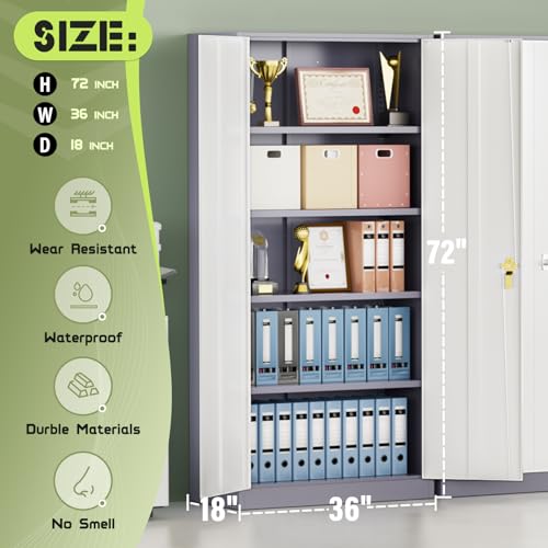 72” Metal Storage Cabinet, Lockable File Cabinet with 2 Doors and 4 Adjustabble Shelves,Garage Storage Cabinets for Office, Warehouse, Home, (Grey White