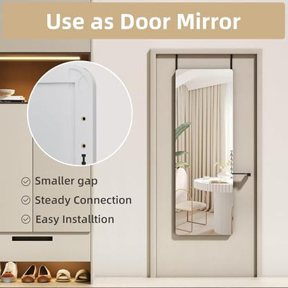 Door Mirror Full Length, 47"x 16" Full Body Over The Door Hanging Wall Mounted Mirror for Bedroom, Living Room, Cloakroom, Round White