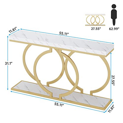 Tribesigns Gold Console Table, 55 inch Modern Entryway Table with Geometric Metal Frame, Faux Marble Narrow Long Sofa Table for Living Room, Entrance, Hallway, White and Gold