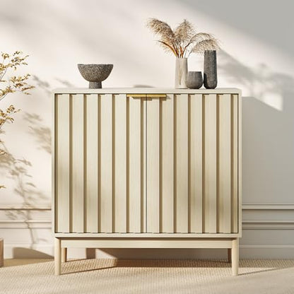 Fluted Cabinet with Storage, Buffet Cabinet Sideboard with 2 Doors, Beige Buffet Storage Accent Cabinets with Adjustable Shelves for Living Room, Entry, Hallway, Kitchen