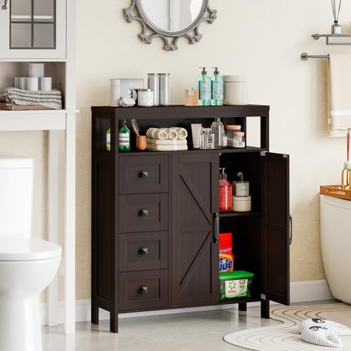 Farmhouse Storage Cabinet with 2 Doors and 4 Drawers, Freestanding Bathroom Compartment Kitchen Pantry Cabinet, Floor Cupboard for Kitchen/Living Room/Bathroom, Espresso
