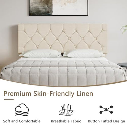 Queen Bed Frame with Upholstered Tufted Headboard, Beige, view 6