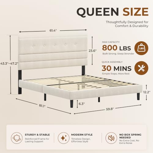 Queen Size Bed Frame with Linen Fabric Headboard, view 3