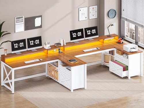 Farmhouse L Shaped Desk, 55" Home Office Desk with Drawers and Storage Shelves, L Shaped Gaming Desk with LED Lights, Power Outlet and Monitor Shelf, Brown