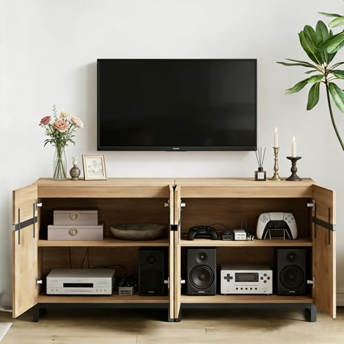 Modern TV Stand for TVs Up to 70 Inch, 2-in-1 Entertainment Center with Adjustable Shelves & Metal Base, Media Console for Living Room or Bedroom, Oak