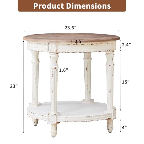 23.6" French Country Two Tone Round End Table,Chipped White Vintage 2 Tier Side Table for Living Room Small Space,No Tool Assembly