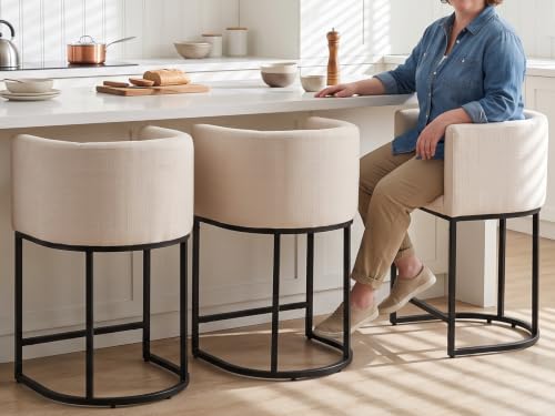 Contemporary Cream Linen Bar Stools Set of 3, view 2