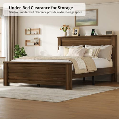 Wooden Platform Full Bed Frame with Charg3 Station, Thick Headboard, Brown, view 6