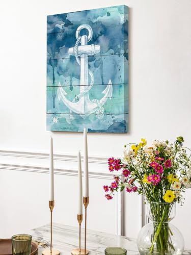NuYeBiofx Nautical White Anchor Silhouette Canvas Wall Art Prints,48"x32" Framed Picture Artwork Farm Teal Ombre Wood Grain Printed Canvas Oil Painting for Living Room Bedroom Office,Ready to Hang