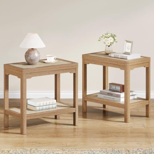 Rattan Night Stand, Farmhouse 2 Tier End Table for Bedroom, view 2