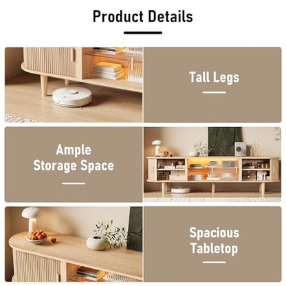 70" Fluted TV Stand with LED Lights for TVs up to 75 Inch, Mid Century Modern Entertainment Center with Sliding Doors & Glass Shelf, TV Console Table Media Console for Living Room, Natural Oak