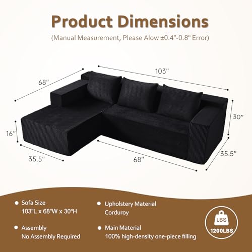 103” Modular Sectional Sofa - L Shaped Upholstered Cloud Couch, Free Combination Deep Seat Corner Sofa, Sectional Couches for Living Room, Modern Minimalist Couch, Black