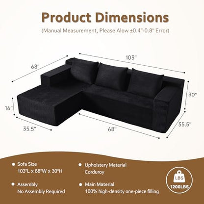 103” Modular Sectional Sofa - L Shaped Upholstered Cloud Couch, Free Combination Deep Seat Corner Sofa, Sectional Couches for Living Room, Modern Minimalist Couch, Black