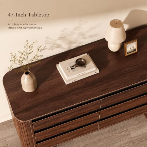 Fluted 6 Drawer Dresser for Bedroom, 47W x 31H, Modern Walnut Brown, view 5