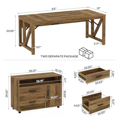 Tribesigns 63" L Shaped Executive Desk & 39" File Cabinet Set, Corner Computer Desk with Ample Storage, Large Industrial Retro Office Desk with Drawers & Shelves, for Home & Business, Rustic Brown