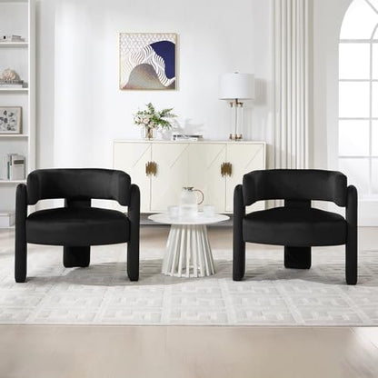 Barrel Accent Chair, Mid Century Modern Upholstered Living Room Chairs with Wooden Legs, Comfy Velvet Reading Arm Chair for Bedroom, Makeup Room, Black