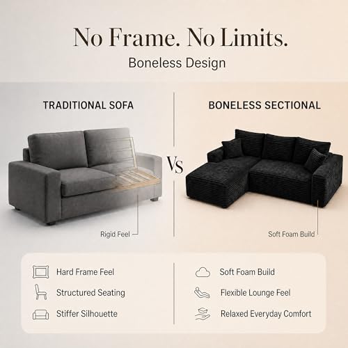 Boneless Modular Sectional Sofa, Left/Right-Facing Cloud Couch | Oversized deep seat, L-shaped design, soft corduroy fabric, ideal for living room, black.