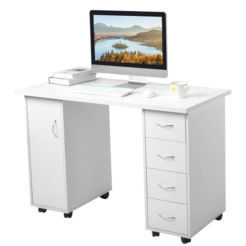 Home Office Computer Desk,Rolling Wooden Executive Desk,White, view 6