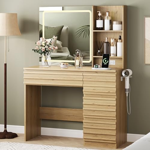Vanity Desk with Lights, Fluted Vanity with 4 Drawers, Open Shelves, view 2
