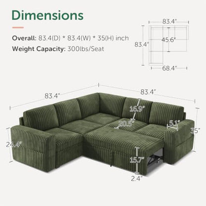 Modular Sectional Sleeper Sofa with Pull Out Bed,Corduroy L Shaped Couch with Storage, Sectional Couches for Living Room,Green