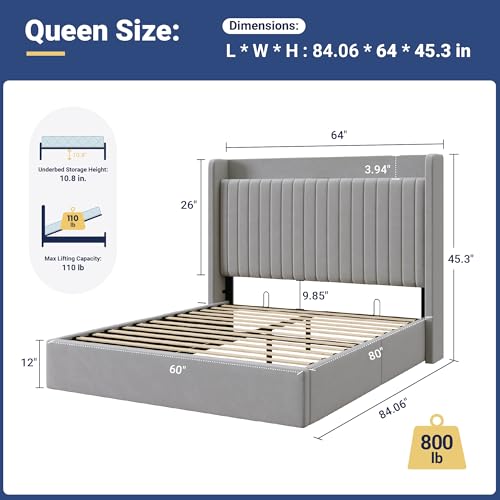 Queen Lift Up Storage Hydraulic Bed Frame,Charging Station,Grey, view 3
