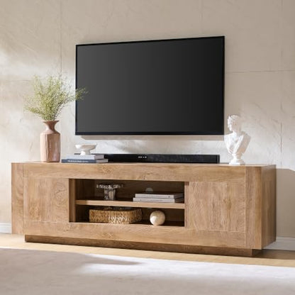 70" Modern TV Stand for 80" TV, Thick Block TV Console,Light Knotty Oak, view 2