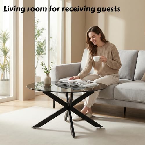 Black Round Glass Coffee Table for Living Room, Home Office, Modern & Simple Center Table with Gray Tempered Glass Top, 35.5" Wx19.7 H