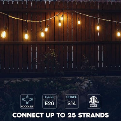 24FT LED Outdoor String Lights, Commercial Grade Waterproof, 12 Edison S14 Shatterproof Bulbs, IP65, Decorative Hanging for Patio, Backyard, Garden, Cafe, Balcony