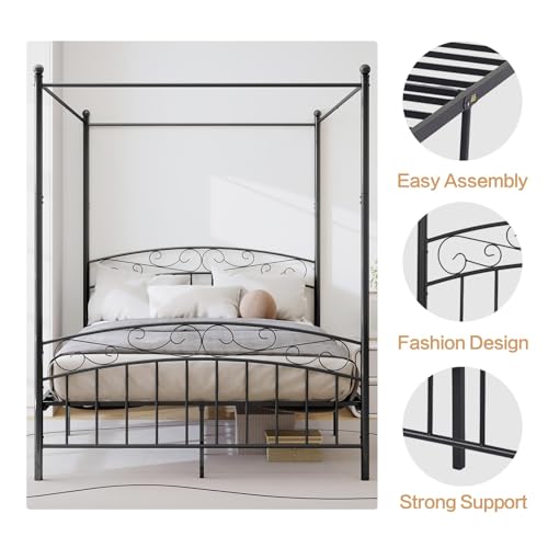 Metal Canopy Bed Frame Queen Size with Headboard & Footboard, view 5