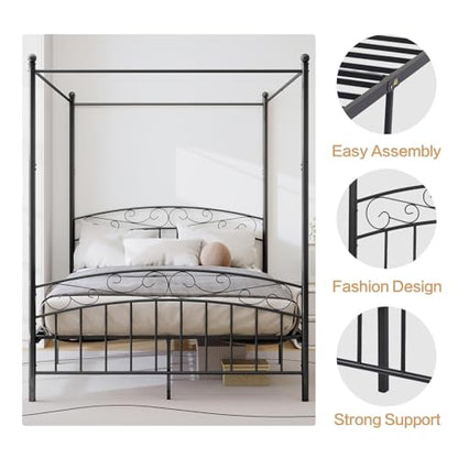 Metal Canopy Bed Frame Queen Size with Headboard & Footboard, view 5