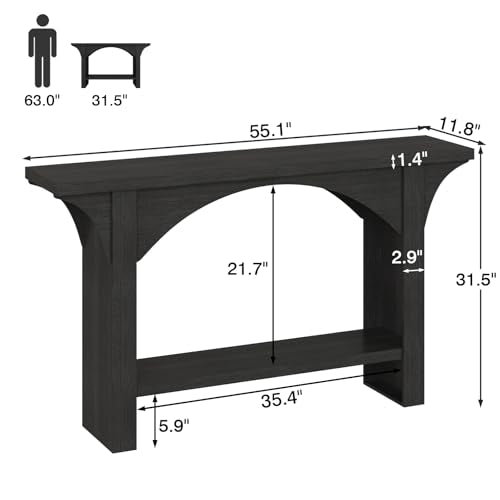 55 Inch Console Table, 2-Tier Modern Entryway Table Narrow Wood Sofa Tables with Storage Shelves for Living Room, Entrance, Hallway, Foyer (Black)