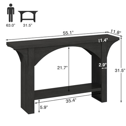 55 Inch Console Table, 2-Tier Modern Entryway Table Narrow Wood Sofa Tables with Storage Shelves for Living Room, Entrance, Hallway, Foyer (Black)