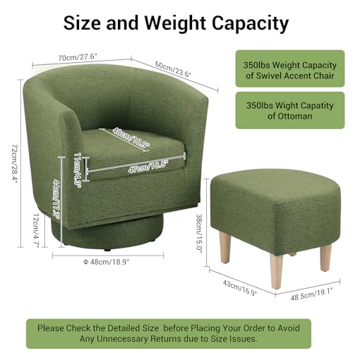 Green Swivel Accent Chair with Ottoman, Comfy Barrel Armchair for Small Spaces, 360° Modern Fabric Lounge Chair for Living Room, Bedroom, Reading Nook, Home Office