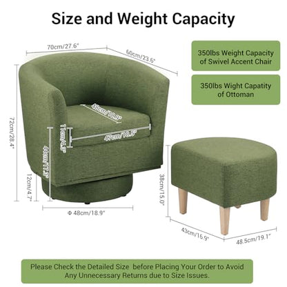 Green Swivel Accent Chair with Ottoman, Comfy Barrel Armchair for Small Spaces, 360° Modern Fabric Lounge Chair for Living Room, Bedroom, Reading Nook, Home Office