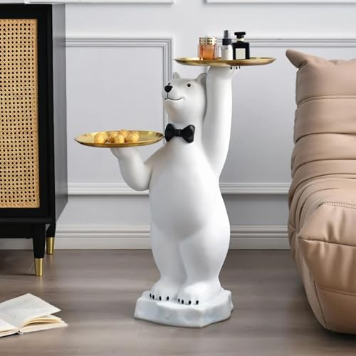 White Bear Side Table with 2-Tier Gold Trays, Modern Animal Sculpture End Table, Decorative Accent Table for Living Room, Bedroom, Nursery & Home Décor