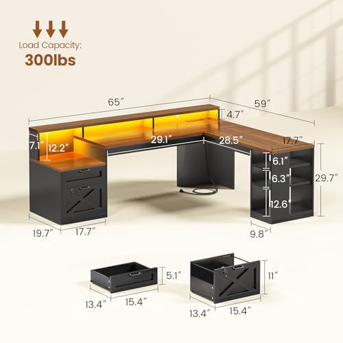 65"x59" L Shaped Desk with Lockable Drawers Storage for Home Office, view 3