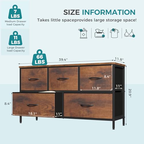 5 Drawer Dresser for Bedroom, Closet Chest Organizer Furniture, TV Stand for Living Room Hallway, Wide Fabric Storage Tower with Wooden Top and Metal Frame, Brown