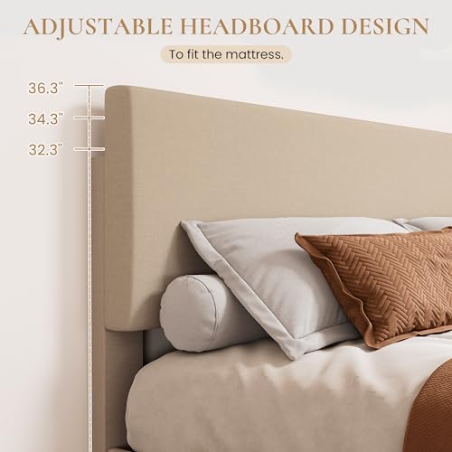 Linen Upholstered Queen Size Bed Frame with Headboard, Beige, view 4