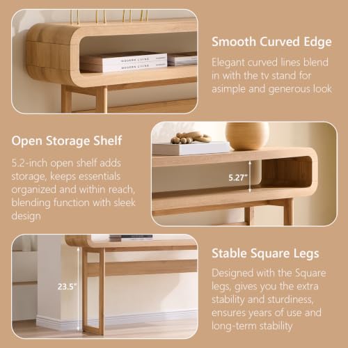 63-Inch Long Console Table, 31.5" Tall Modern Entryway Table with Open Storage Shelf, Curved Profile Design, Narrow Wood Sofa Table Behind Couch Table for Living Room, Hallway,Foyer, Natural Oak