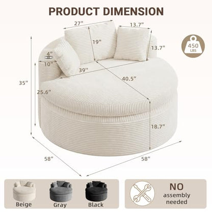 Oversized Round Chair Lounge Chaise, 58'' Corduroy Sofa Bed, Beige, view 3