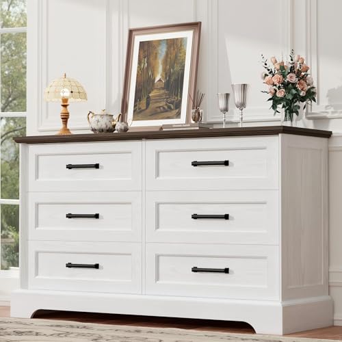 Dresser for Bedroom, Farmhouse 6 Drawers Dressers, White and Brown, view 2