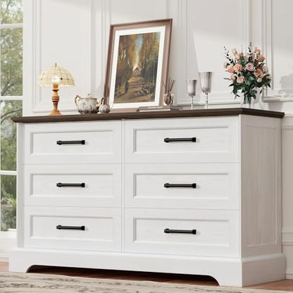 Dresser for Bedroom, Farmhouse 6 Drawers Dressers, White and Brown, view 2