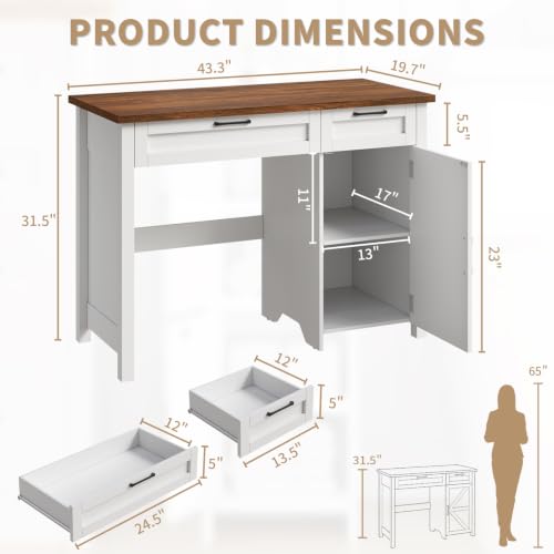 Farmhouse 43.3" Computer Desk with Storage Drawers for Home Office, White, view 3