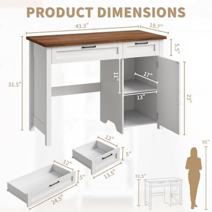 Farmhouse 43.3" Computer Desk with Storage Drawers for Home Office, White, view 3