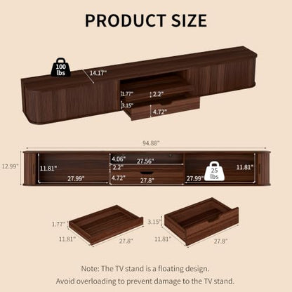 94.8" Floating Fluted TV Stand with Drawer & LED for TVs up to 100", Walnut, view 3