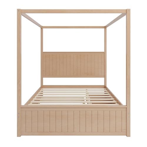 Queen Size Wood Canopy Bed Frame with Trundle & Drawer for Bedroom, Natural, view 6