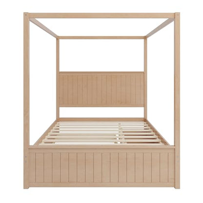 Queen Size Wood Canopy Bed Frame with Trundle & Drawer for Bedroom, Natural, view 6