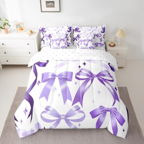 Purple Bowknot Comforter Set 7 Pieces Twin,Girly Bedroom Gift 3D Watercolor Bow Bedding Set,Romantic Bowknot Kids Bedroom Gift (Comforter+Fitted+Flat Sheet+2 Pillowcases+2 Throw Pillow Covers)