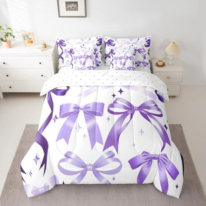 Purple Bowknot Comforter Set 7 Pieces Twin,Girly Bedroom Gift 3D Watercolor Bow Bedding Set,Romantic Bowknot Kids Bedroom Gift (Comforter+Fitted+Flat Sheet+2 Pillowcases+2 Throw Pillow Covers)