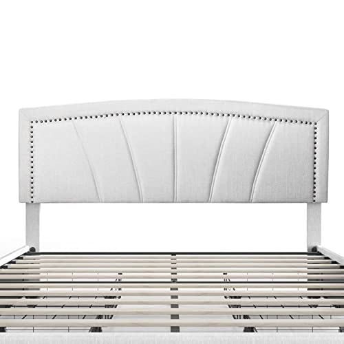 Storage Bed Frame Upholstered Low Profile Traditional Platform with Tufted and Nail Headboard/No Box Spring Needed/4 Pull Out Drawers/Light Grey Linen Fabric (Full Size)